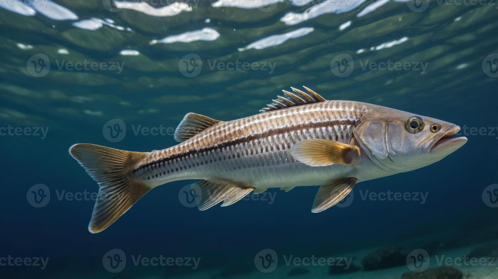 A fish swimming gracefully underwater, showcasing its fins and streamlined body. photo