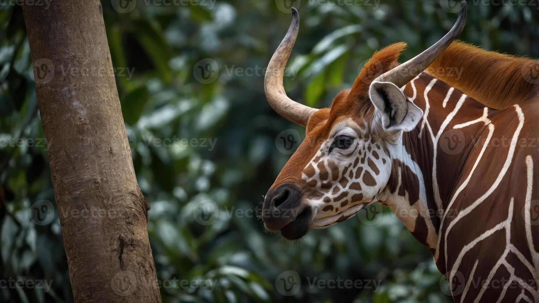 A close-up of a giraffe-like animal with striking patterns against a lush background. photo
