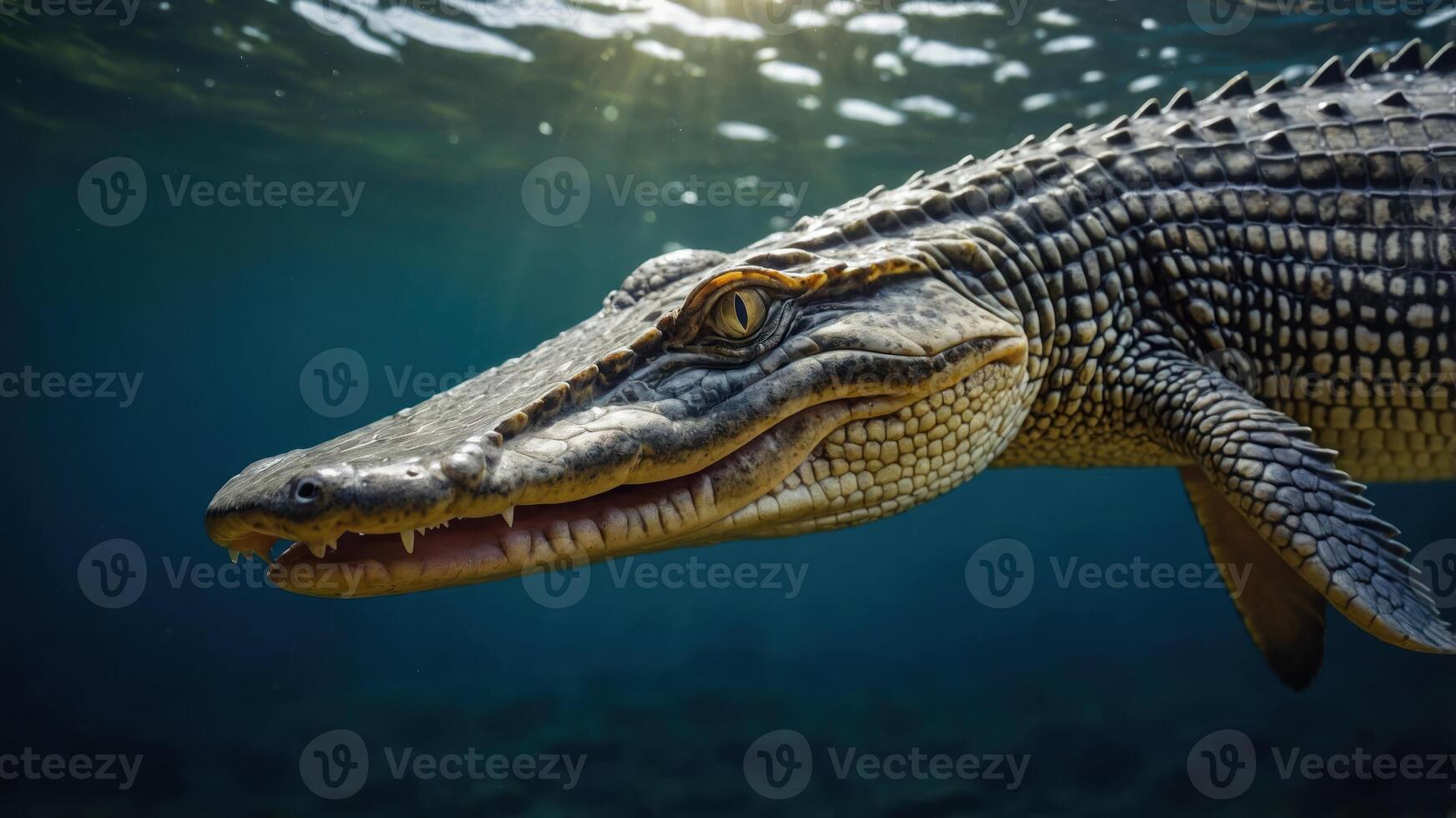 A close-up of a crocodile swimming underwater, showcasing its detailed features and habitat. photo