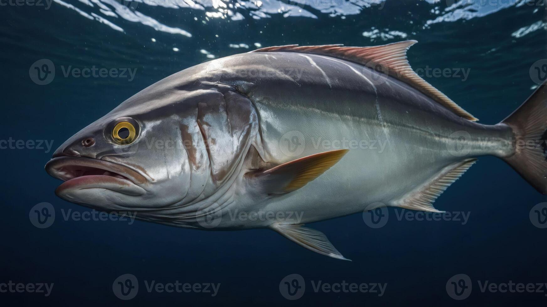 A close-up view of a fish swimming underwater, showcasing its features and environment. photo