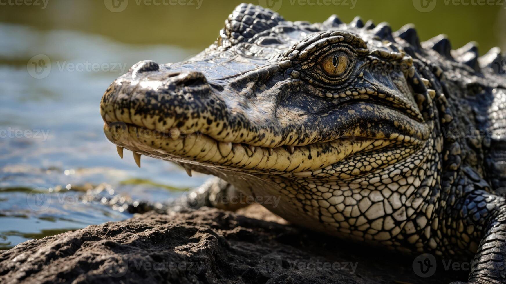 A close-up of a crocodile resting on a rock near water. photo