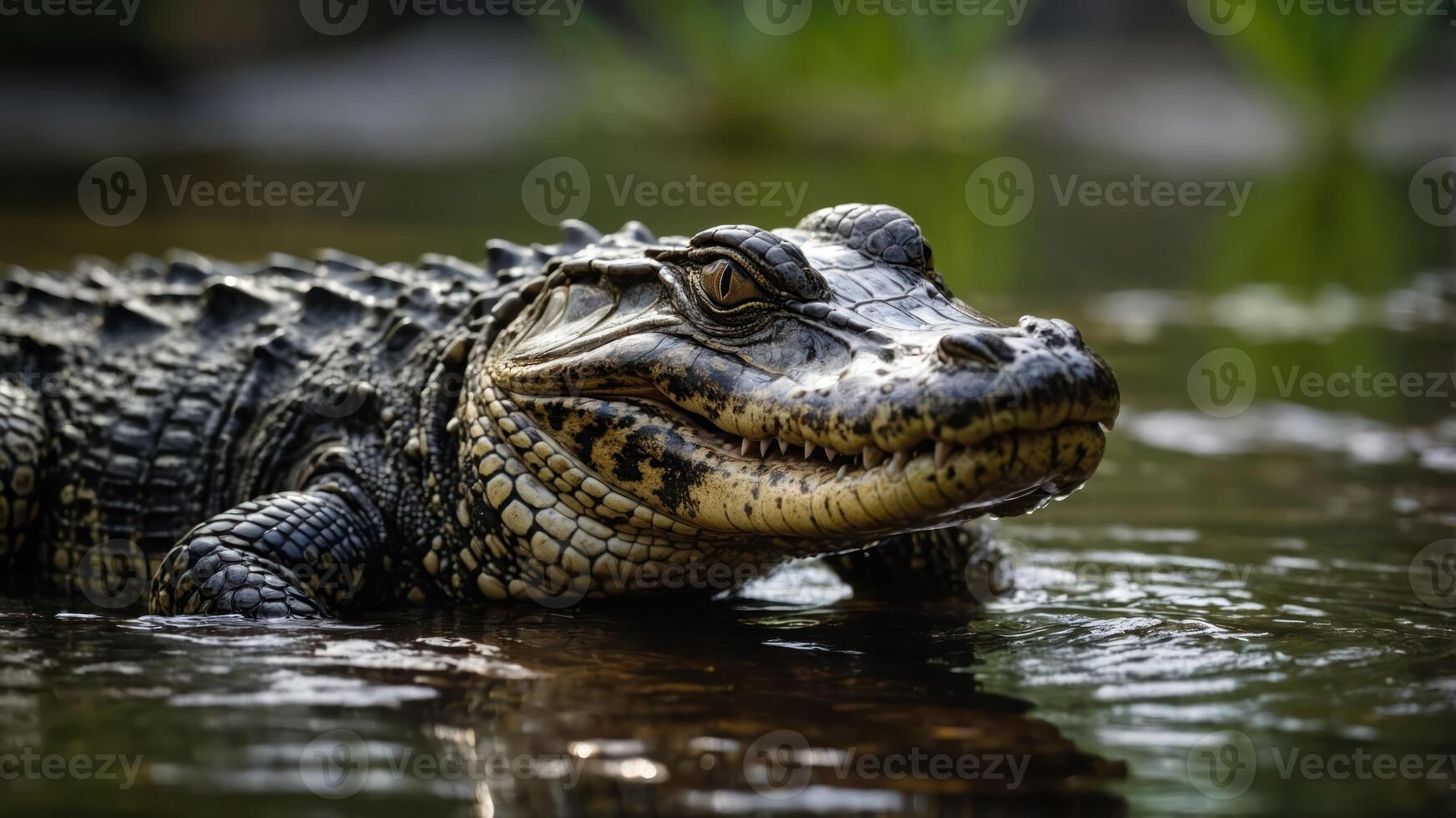 A close-up of a crocodile resting in shallow water, showcasing its textured skin and eyes. photo
