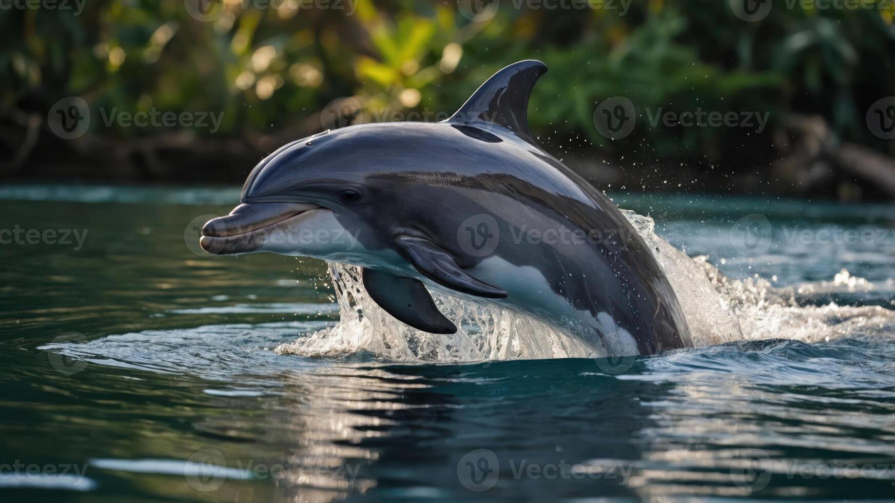 A dolphin leaps gracefully from the water, creating splashes under a lush green backdrop. photo