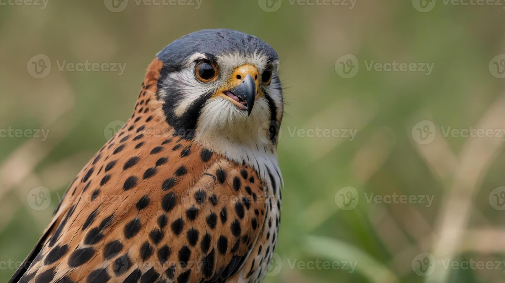 A close-up of a hawk with distinctive plumage and a curious expression. photo