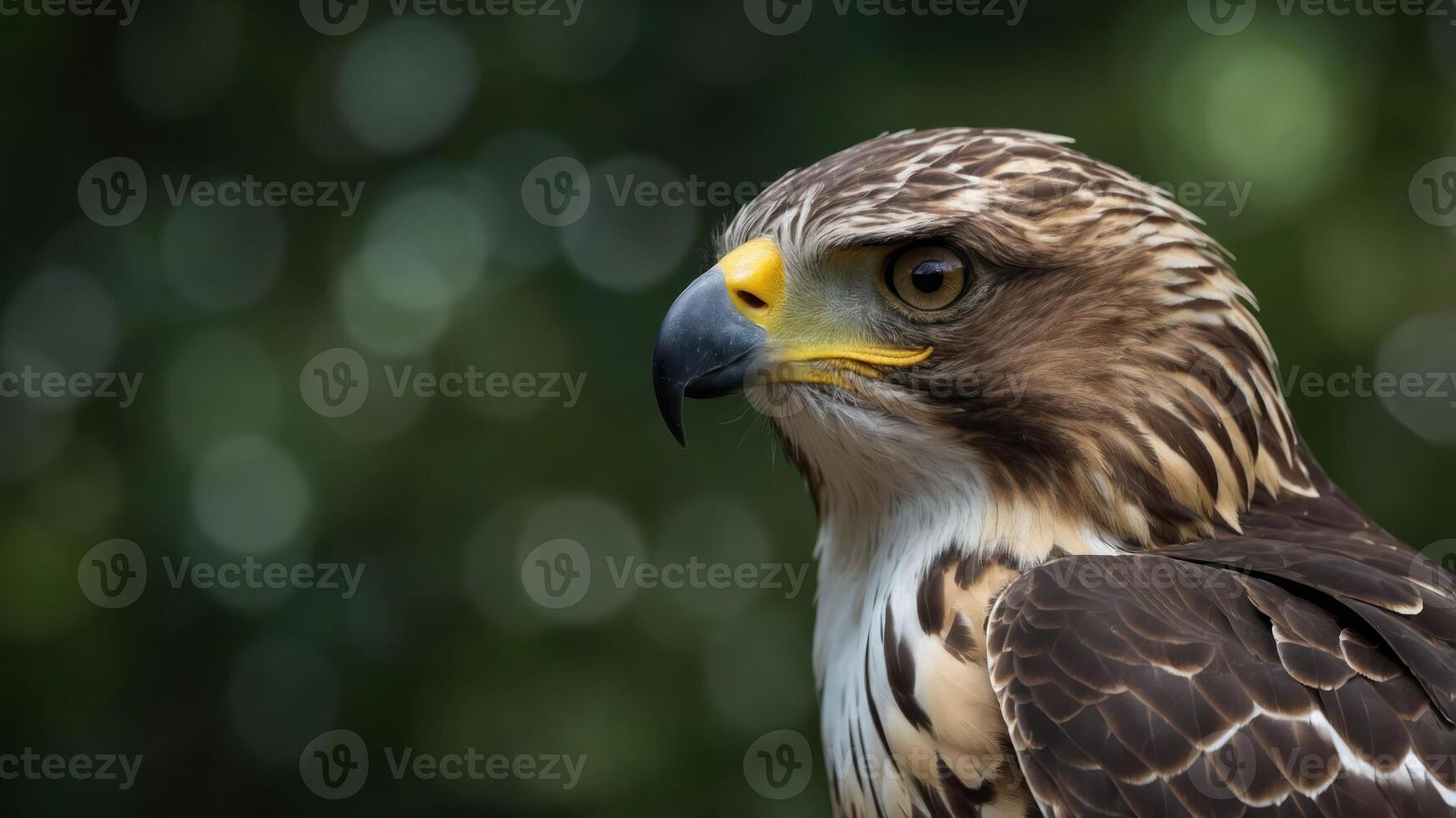 A close-up of a hawk showcasing its detailed feathers and piercing eyes. photo