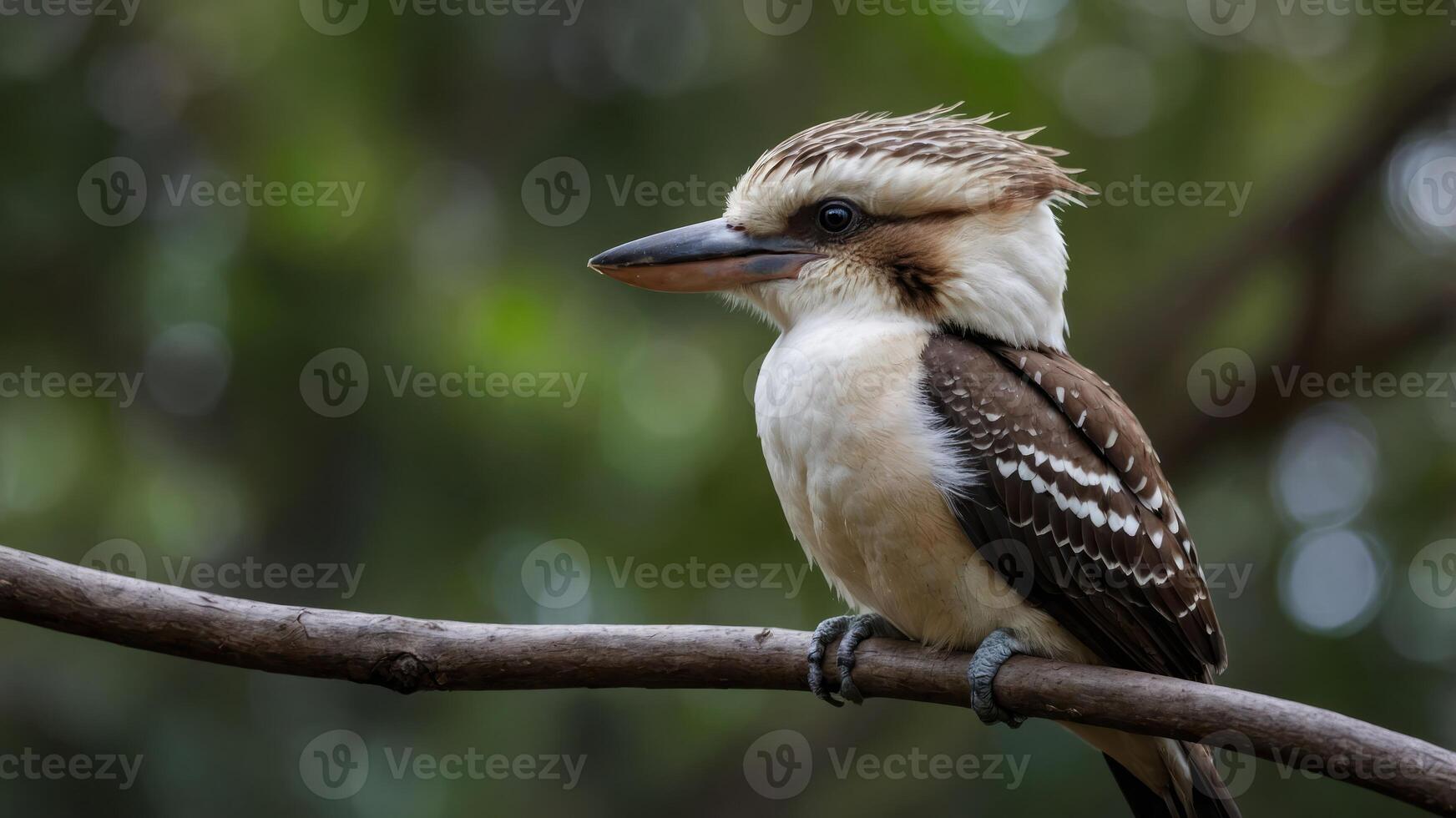 A close-up of a kookaburra perched on a branch with a blurred green background. photo