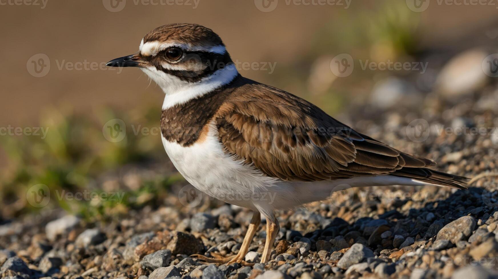 A small bird with distinctive markings stands on gravel, blending with its environment. photo