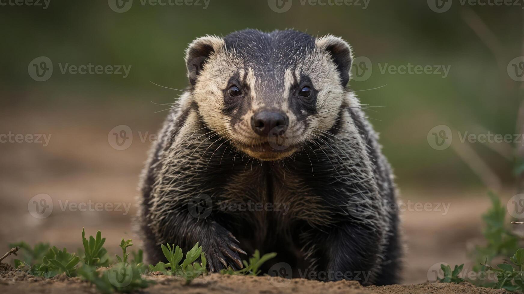 A close-up of a badger in a natural setting, showcasing its features and environment. photo