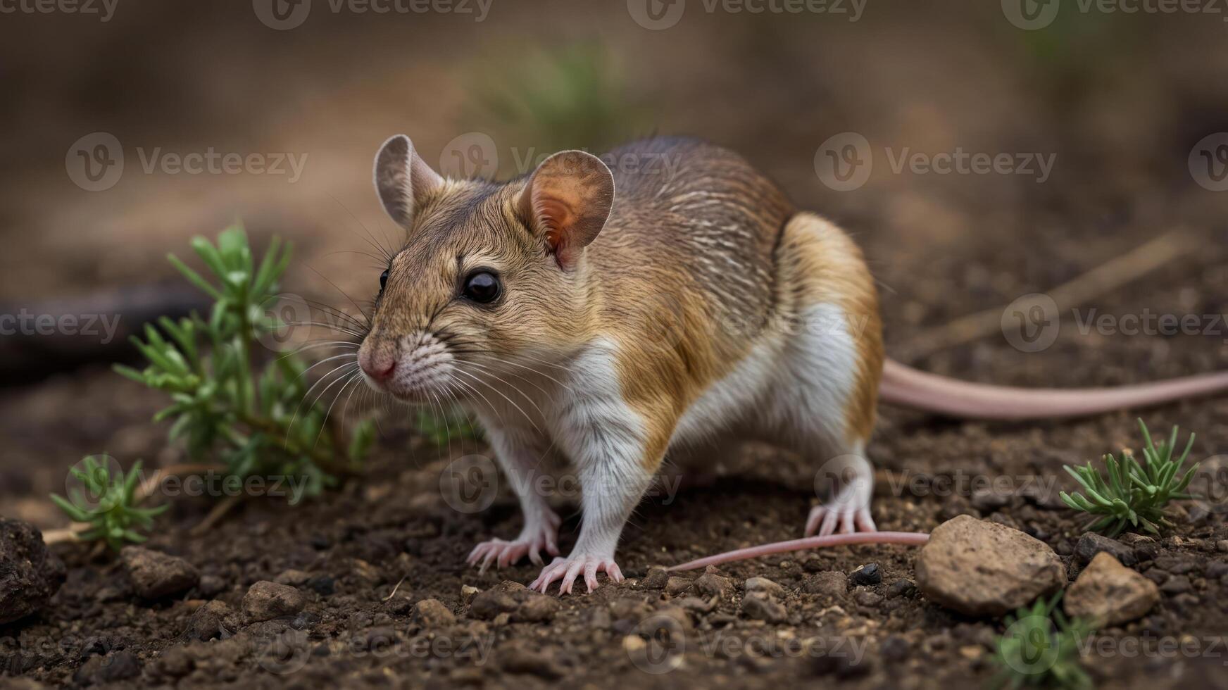 A close-up of a small, brown and white rodent in a natural setting. photo