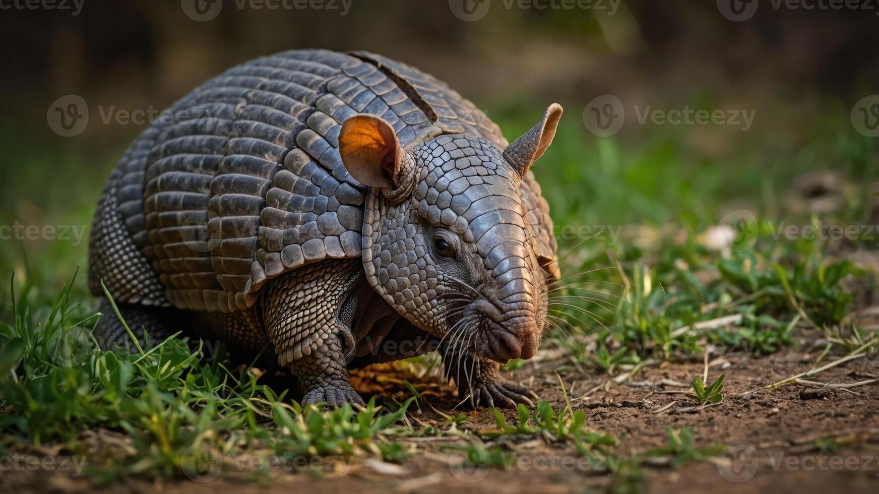 A close-up of an armadillo walking on the ground amidst green grass. photo