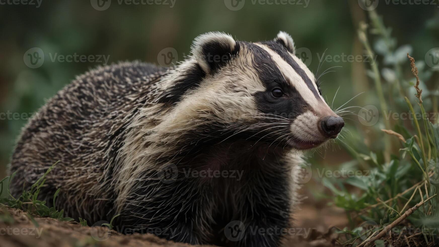 A close-up of a badger in a natural setting, showcasing its distinctive fur and features. photo