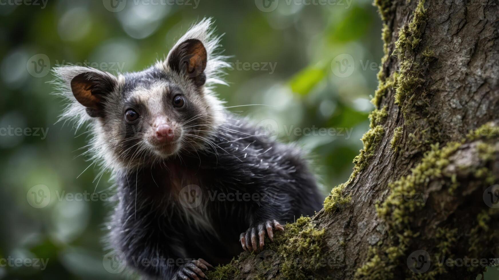 A close-up of a small, furry animal perched on a mossy tree branch in a lush environment. photo