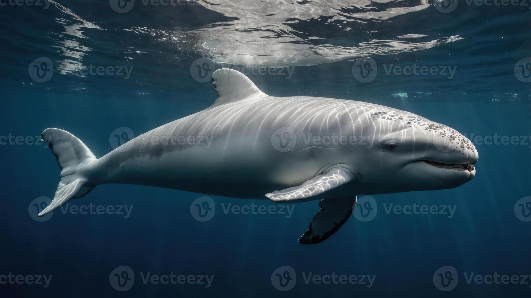 A beluga whale swimming gracefully in clear ocean waters. photo
