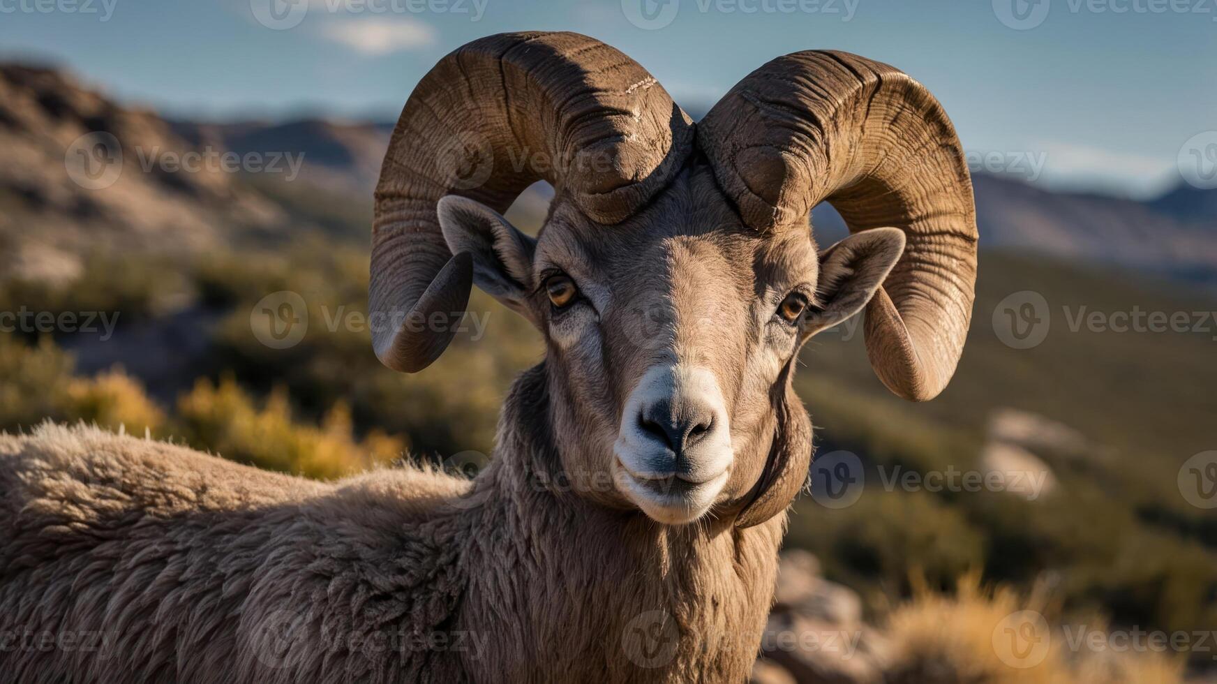 A close-up of a majestic ram with impressive curved horns in a natural landscape. photo