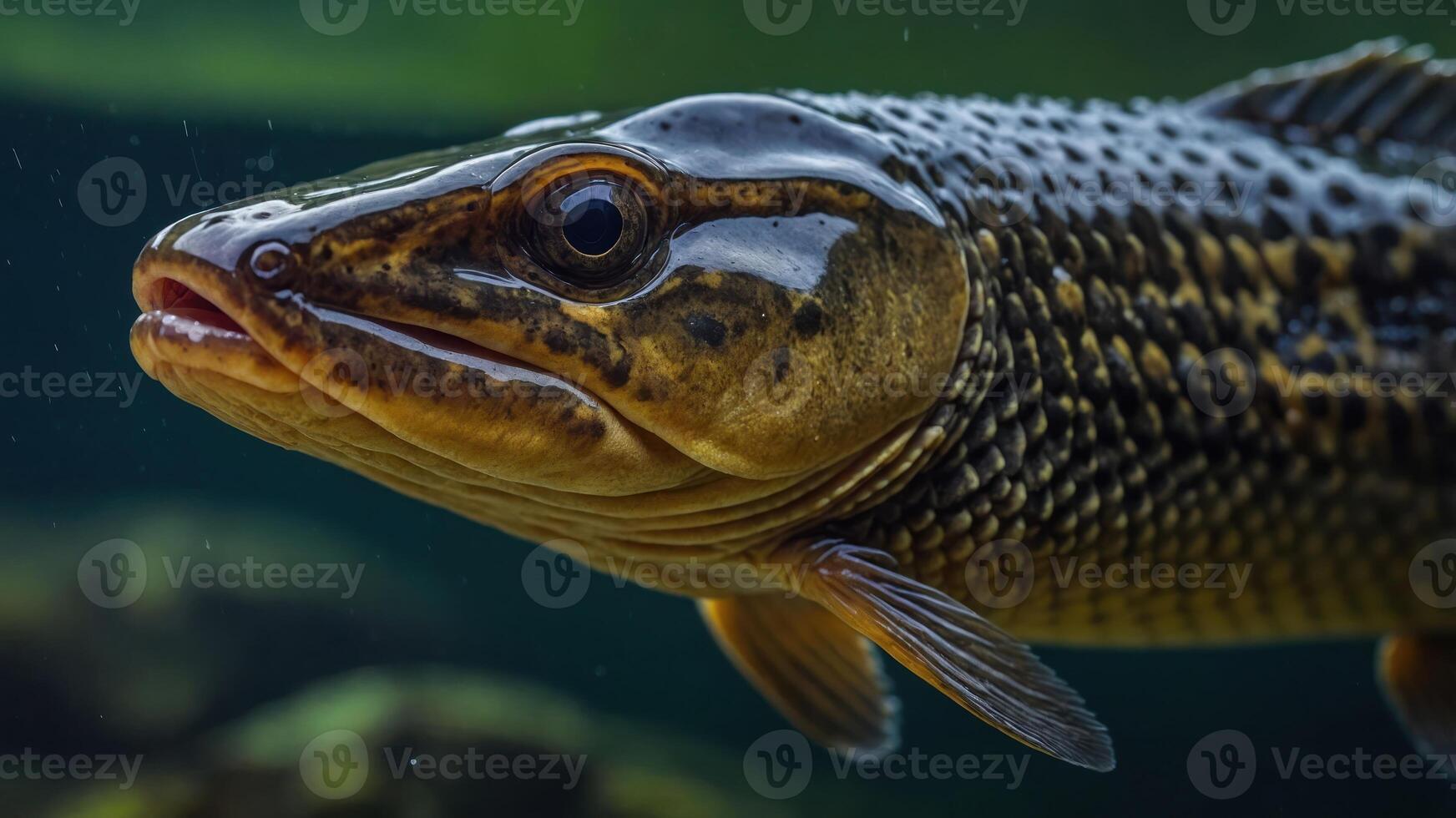 Close-up of a fish showcasing detailed features and textures underwater. photo