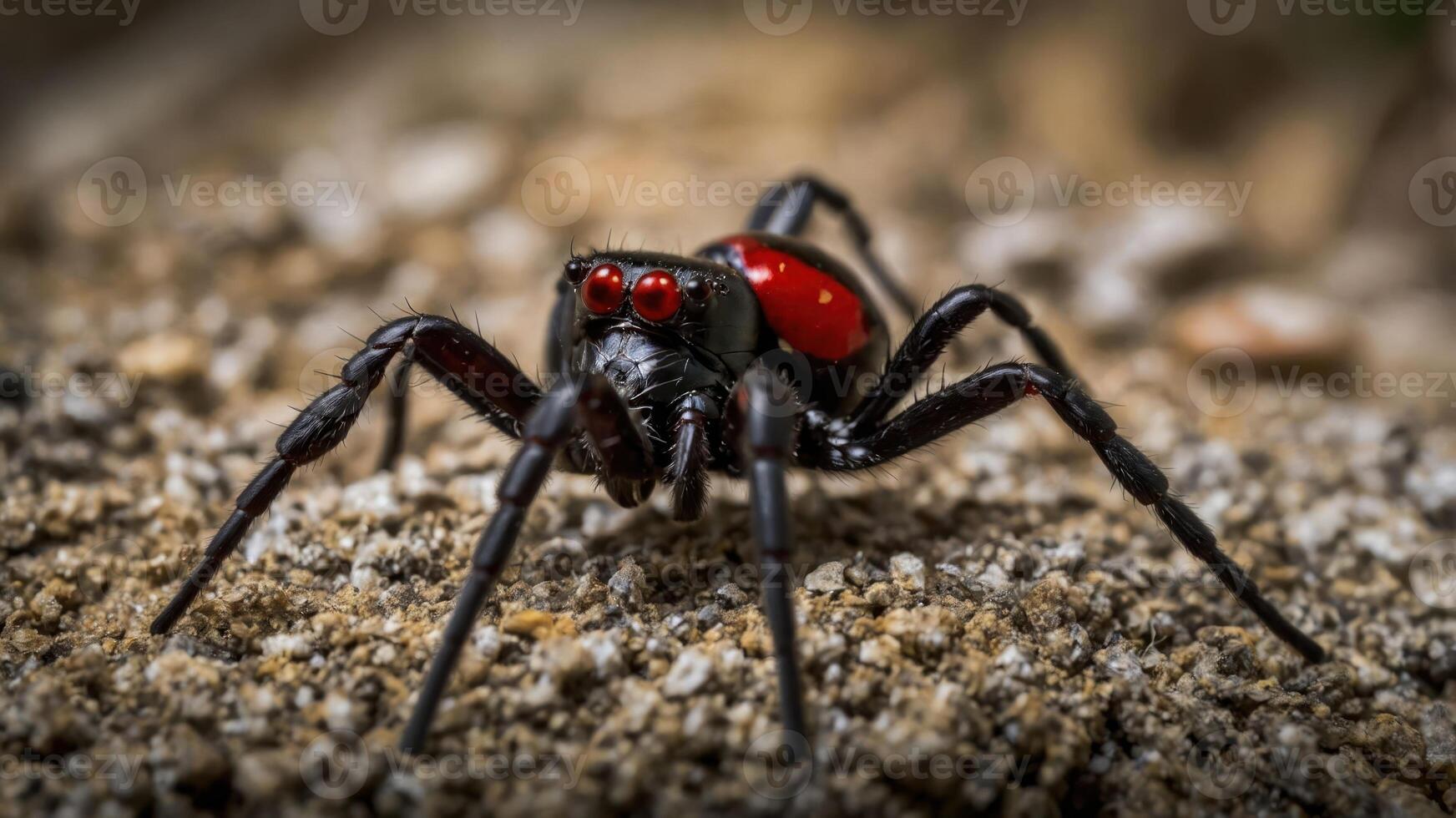 A close-up of a spider with a glossy black body and striking red markings on its back. photo