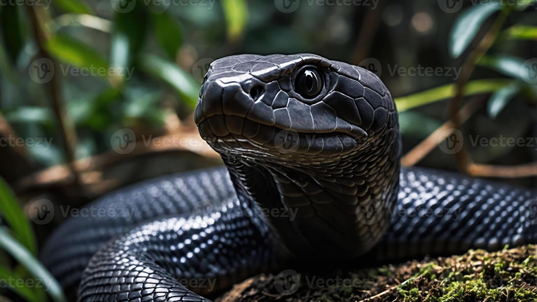 A close-up of a black snake resting on moss in a lush, green environment. photo