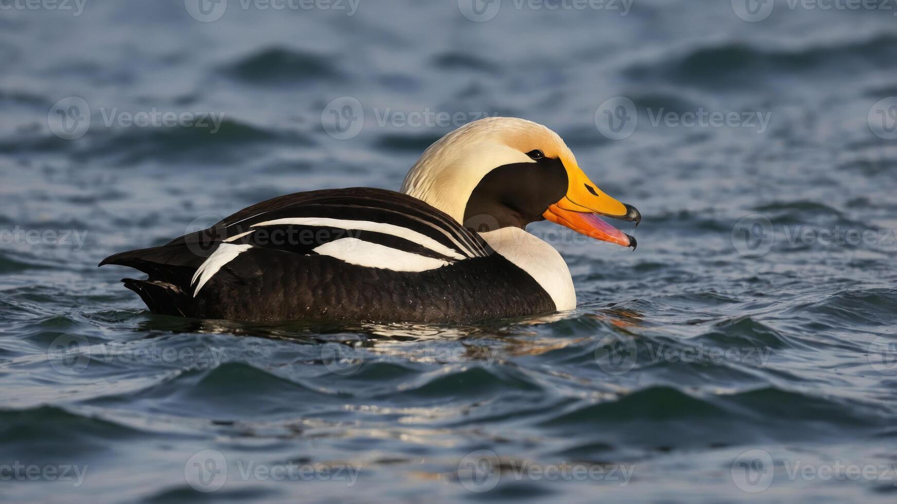 A close-up of a duck swimming in water, showcasing its colorful plumage and serene environment. photo