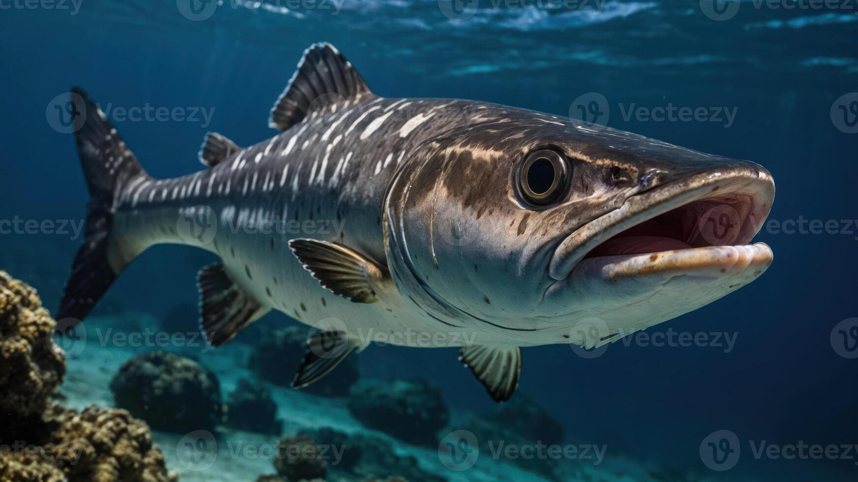 A close-up of a fish swimming underwater among coral reefs. photo