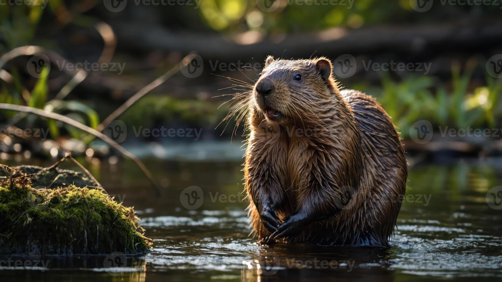 A beaver stands in a serene water setting, surrounded by lush greenery, showcasing nature's beauty. photo