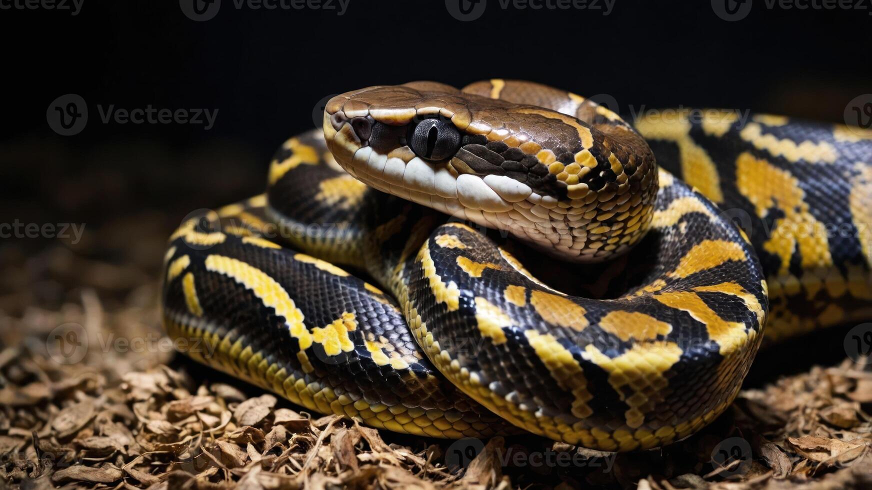 A close-up of a coiled snake showcasing its intricate patterns and textures. photo