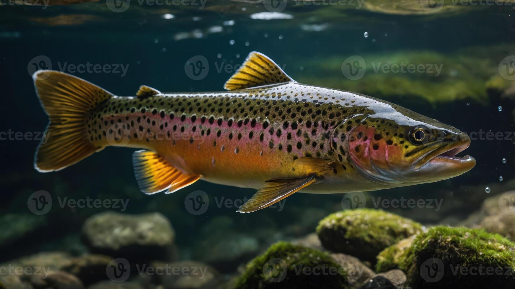 A colorful trout swimming gracefully in clear water over rocky substrate. photo