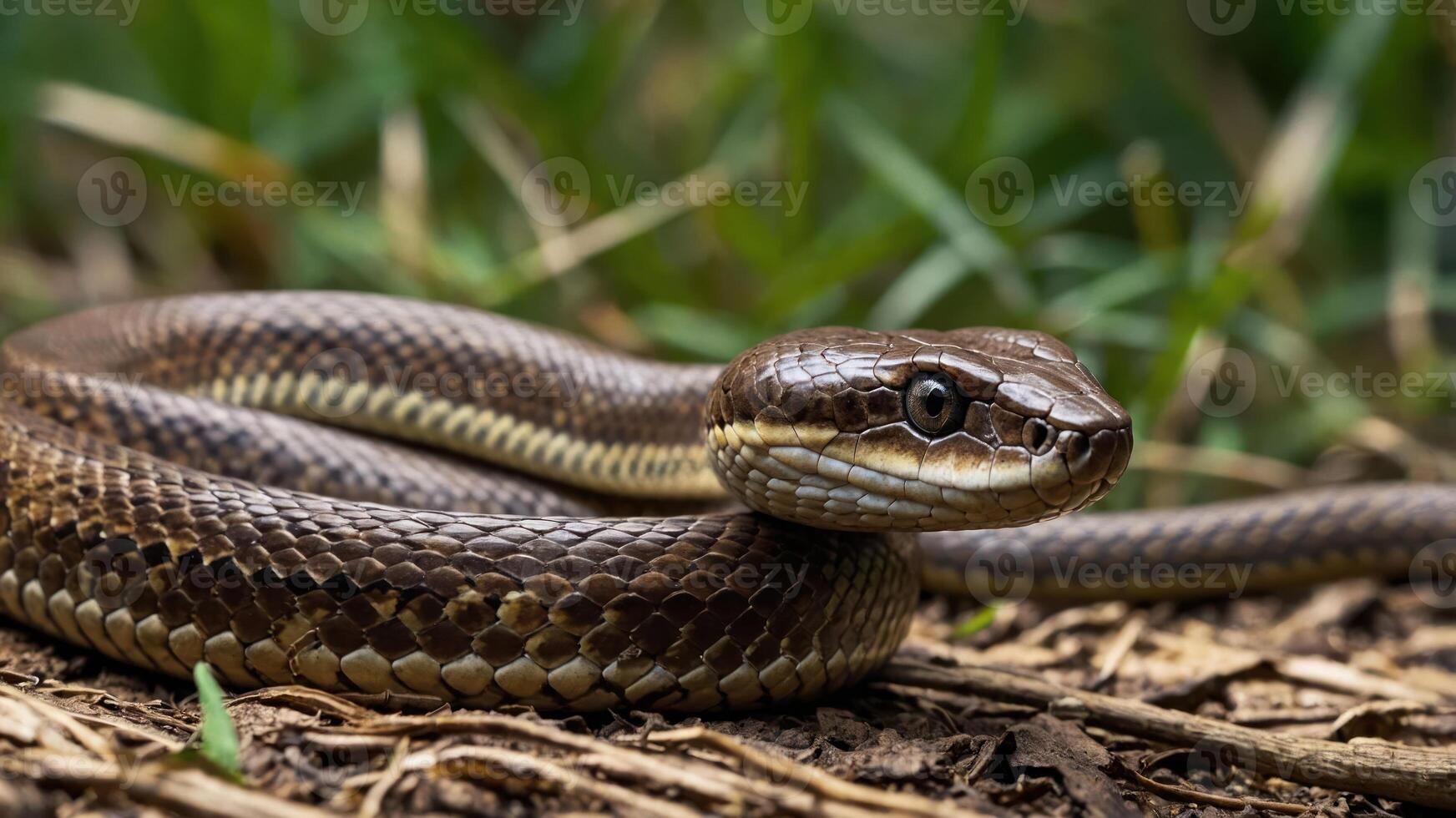 A close-up of a brown snake resting on the ground among grass and leaves. photo