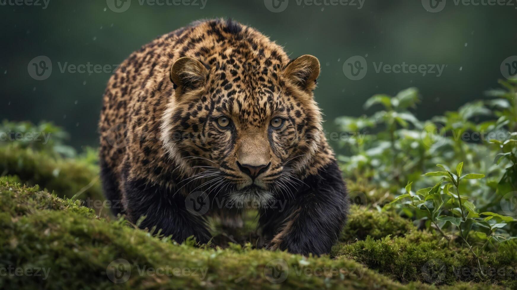 A close-up of a leopard prowling through lush greenery, showcasing its striking fur and intent gaze. photo