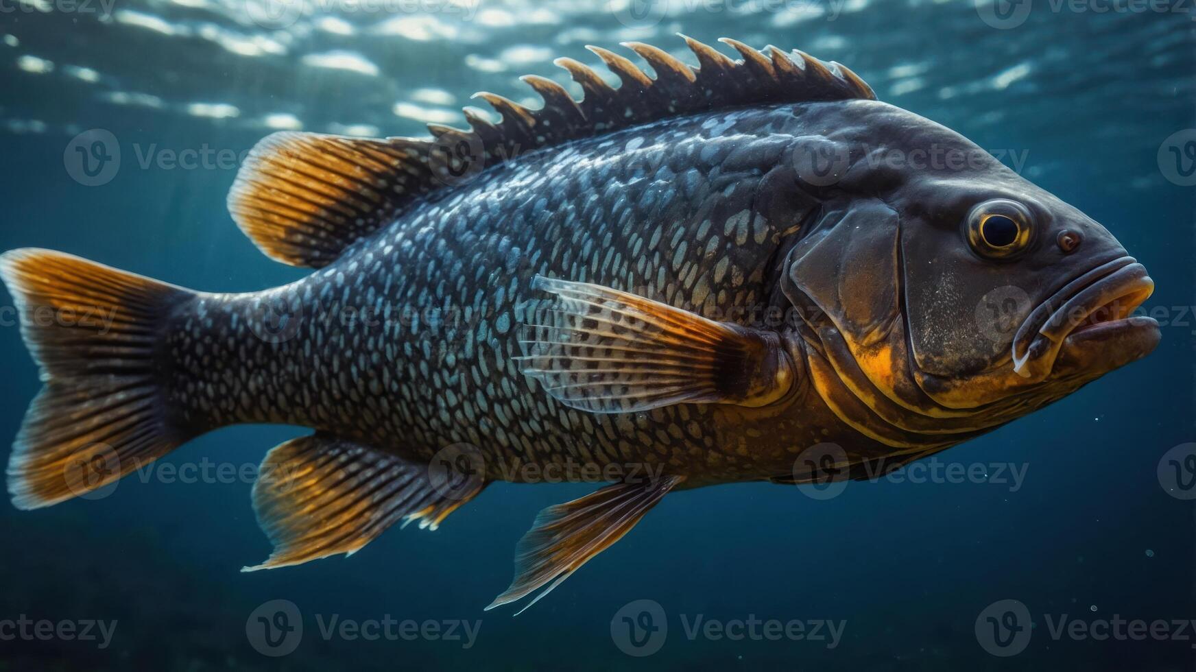 A detailed underwater image of a fish swimming gracefully. photo