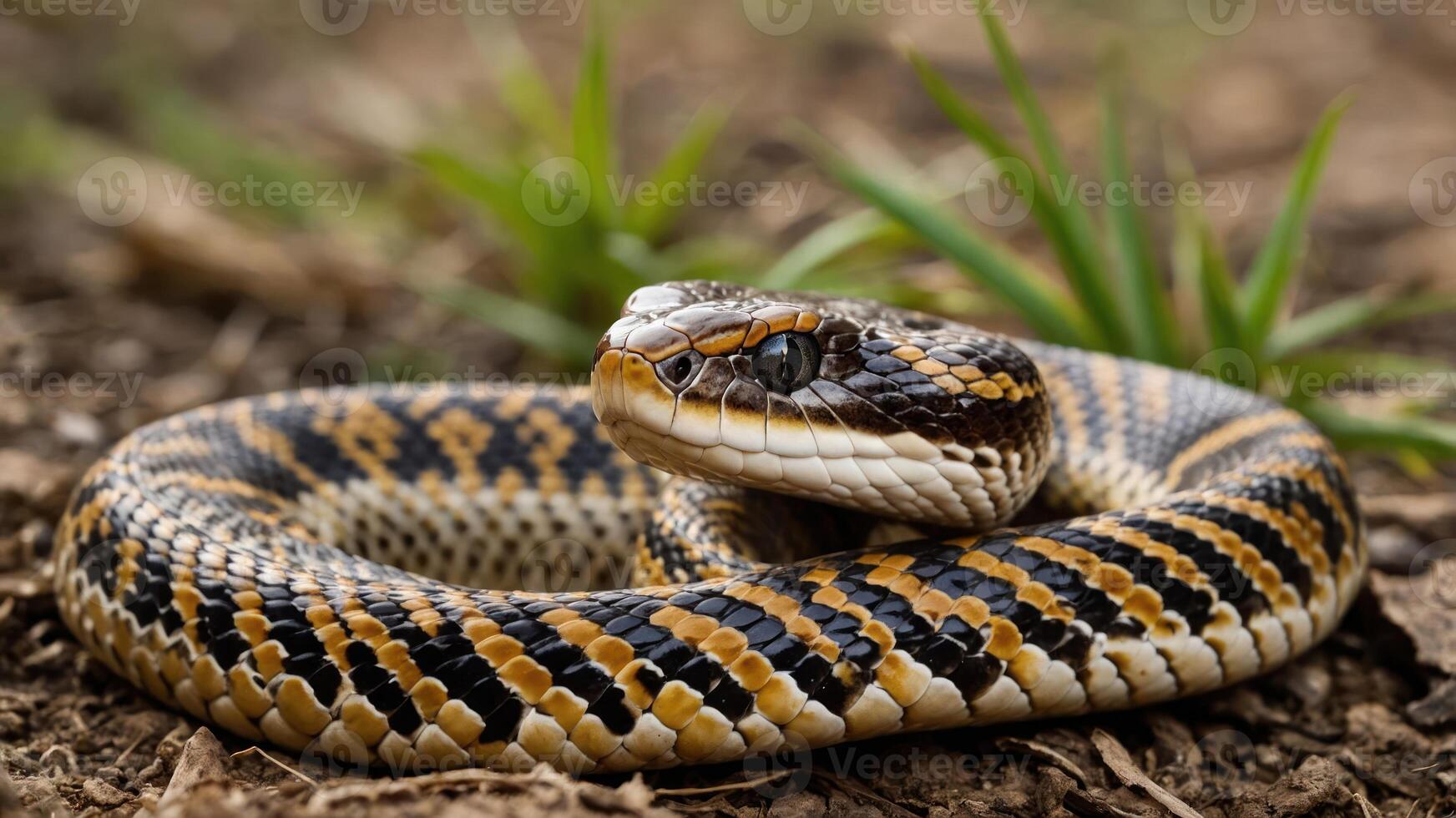 A close-up of a colorful snake resting on the ground among grass. photo