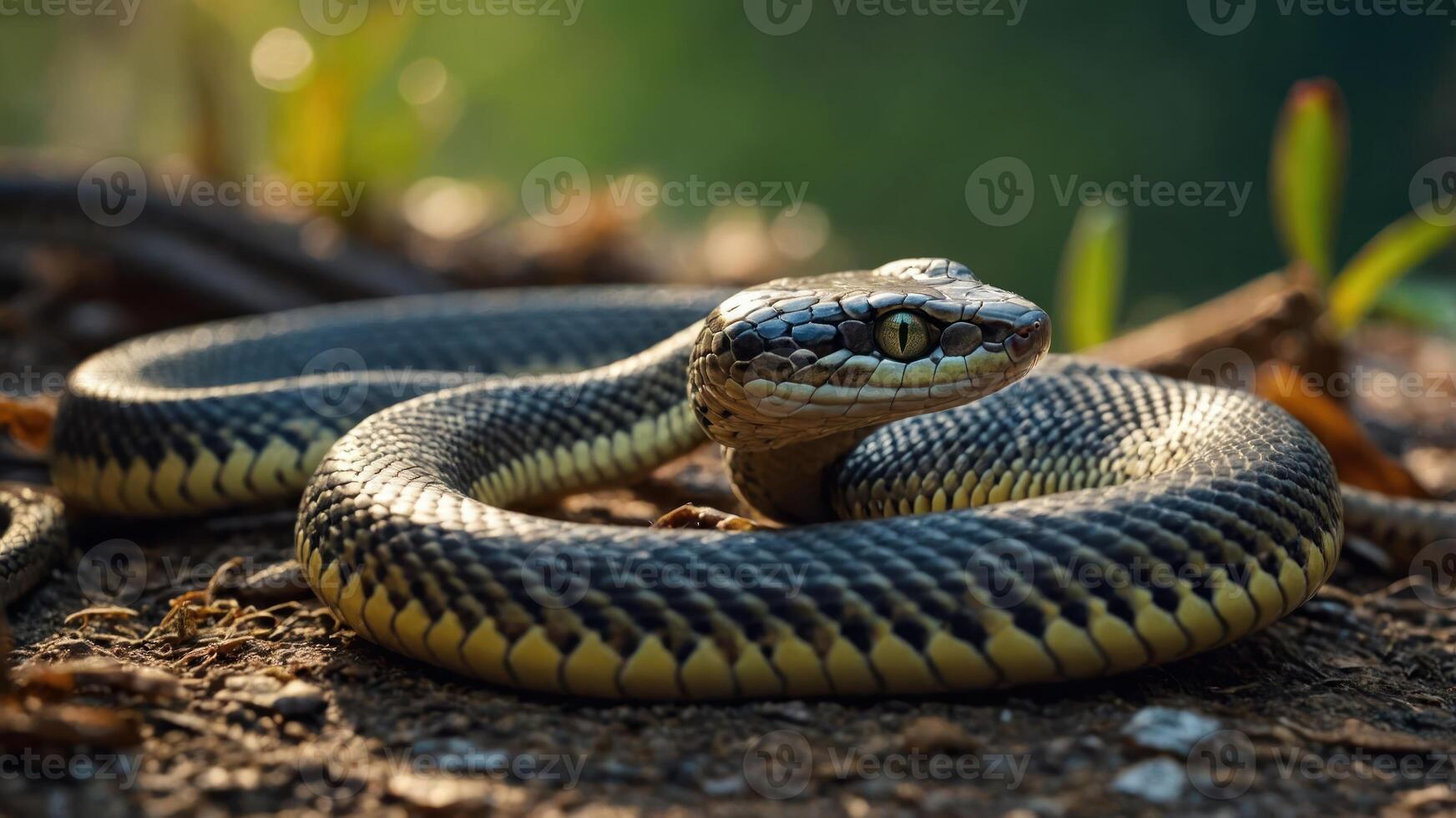 A close-up of a snake resting on the ground, showcasing its scales and natural habitat. photo