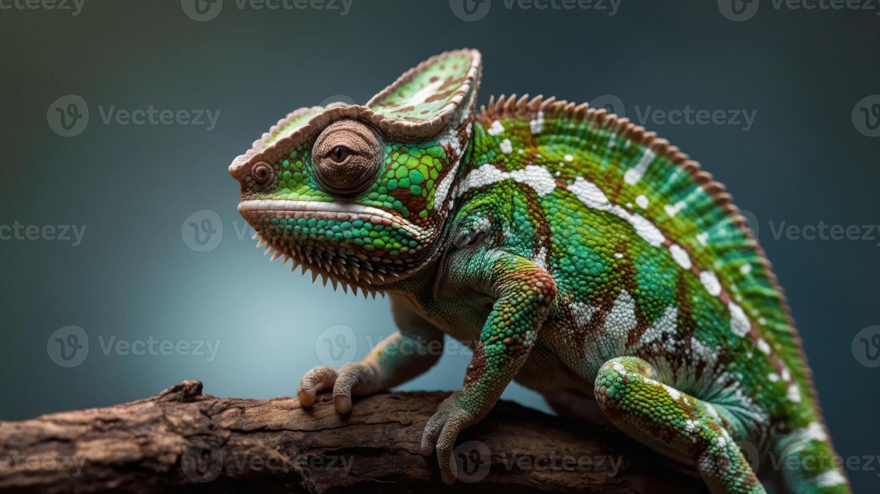 A vibrant chameleon perched on a branch, showcasing its colorful scales and unique features. photo