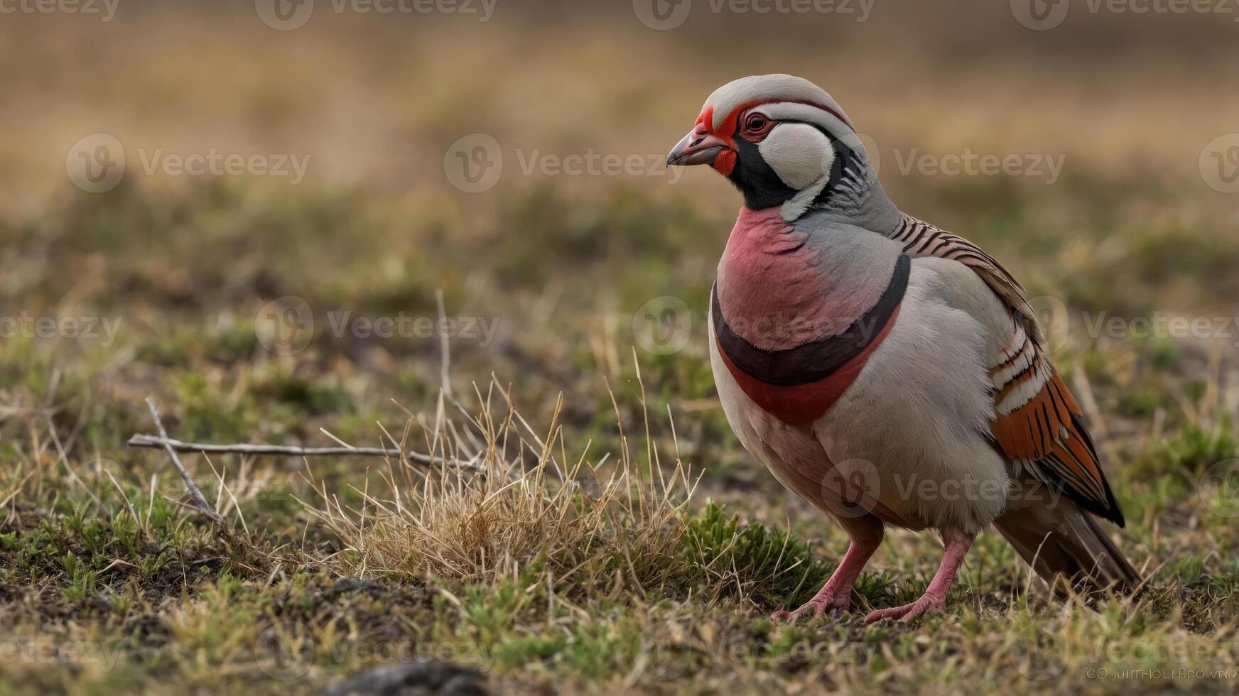 A colorful bird stands on the grass, showcasing its unique plumage and features. photo