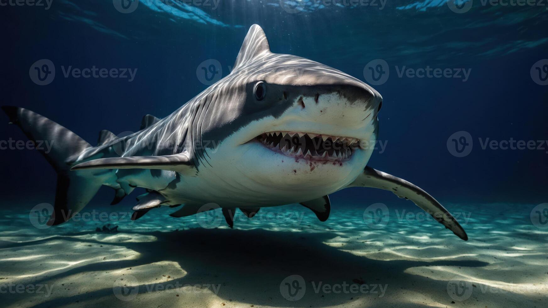 A close-up of a shark swimming gracefully in clear blue waters. photo