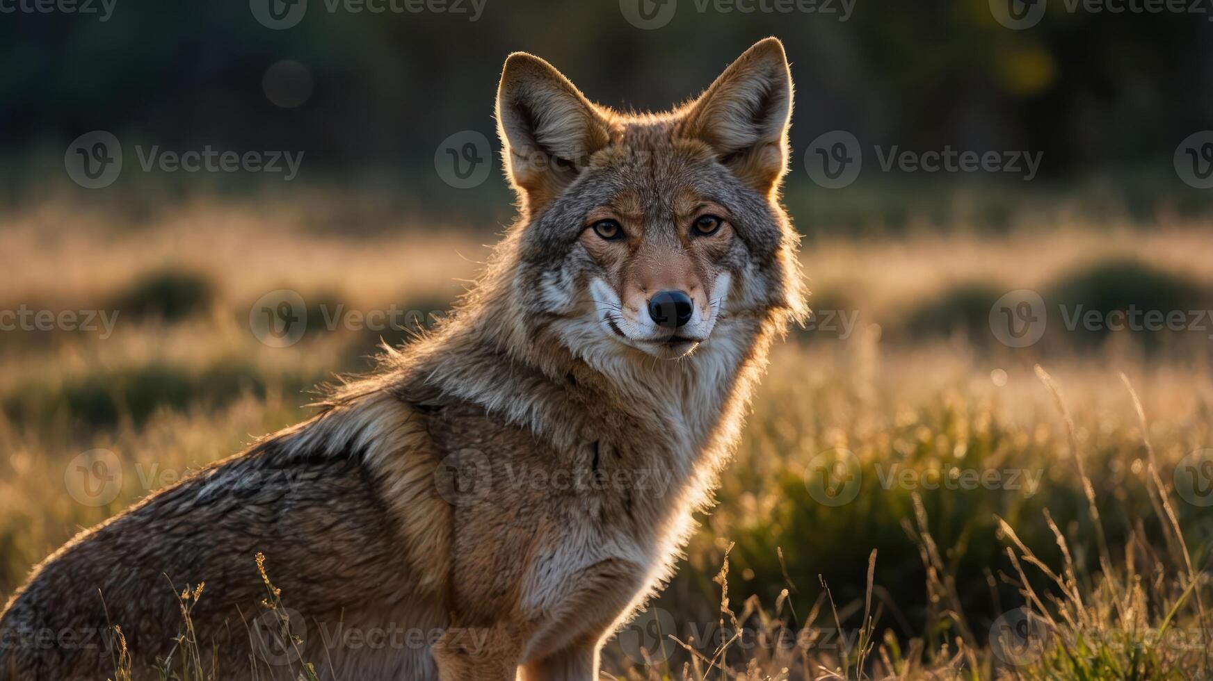 A close-up of a coyote in a sunlit field, showcasing its alert expression and fur texture. photo