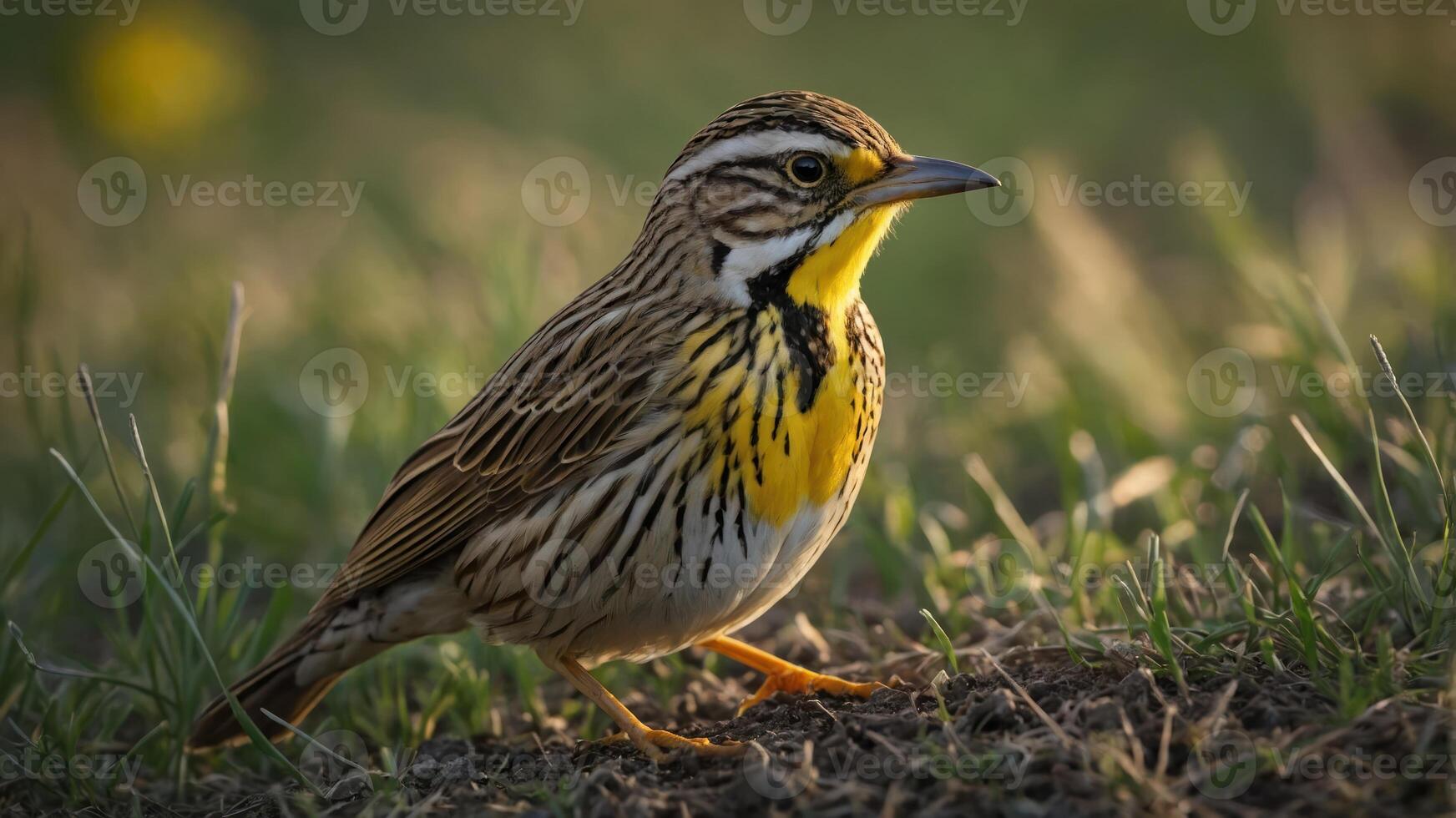 A close-up of a bird with a yellow throat and striped feathers walking on the ground. photo
