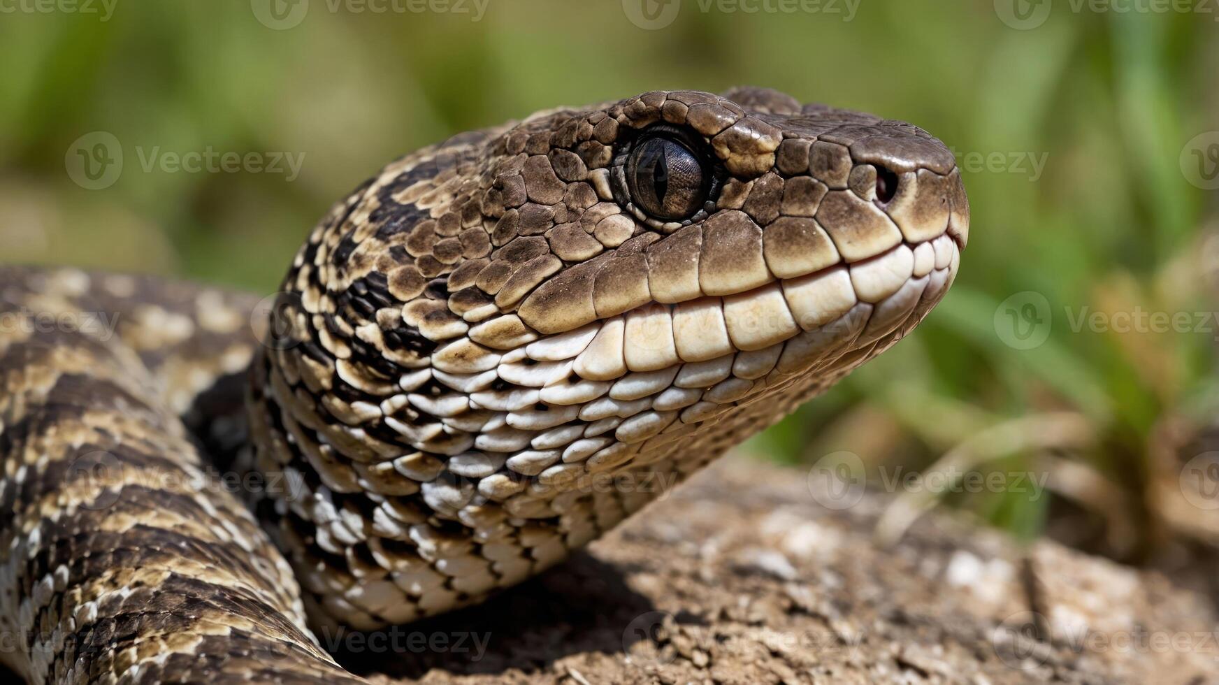 A close-up of a snake's head showcasing its scales and features in a natural setting. photo