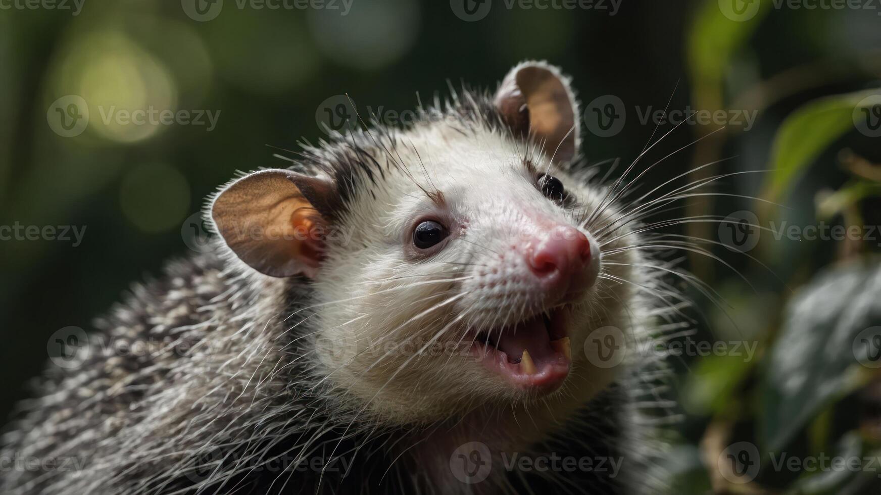 A close-up of a smiling opossum in a natural setting. photo