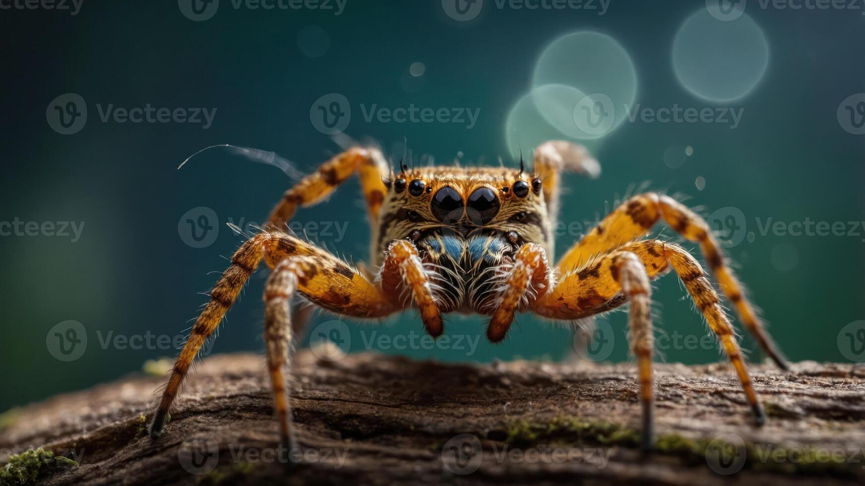 A close-up of a vibrant spider perched on a log with a blurred background. photo