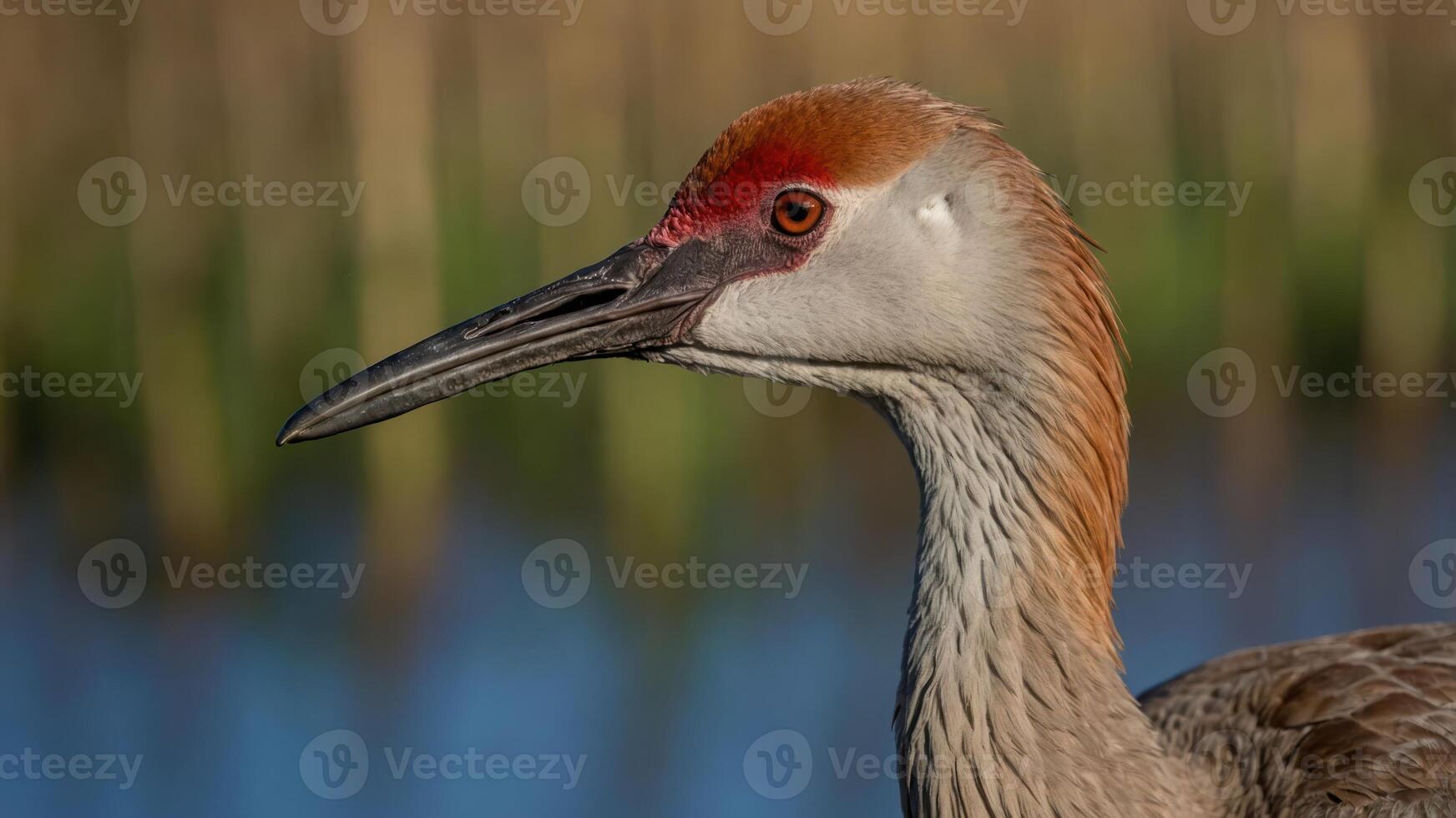 Close-up of a bird with a distinctive red crown and long beak, set against a blurred background. photo