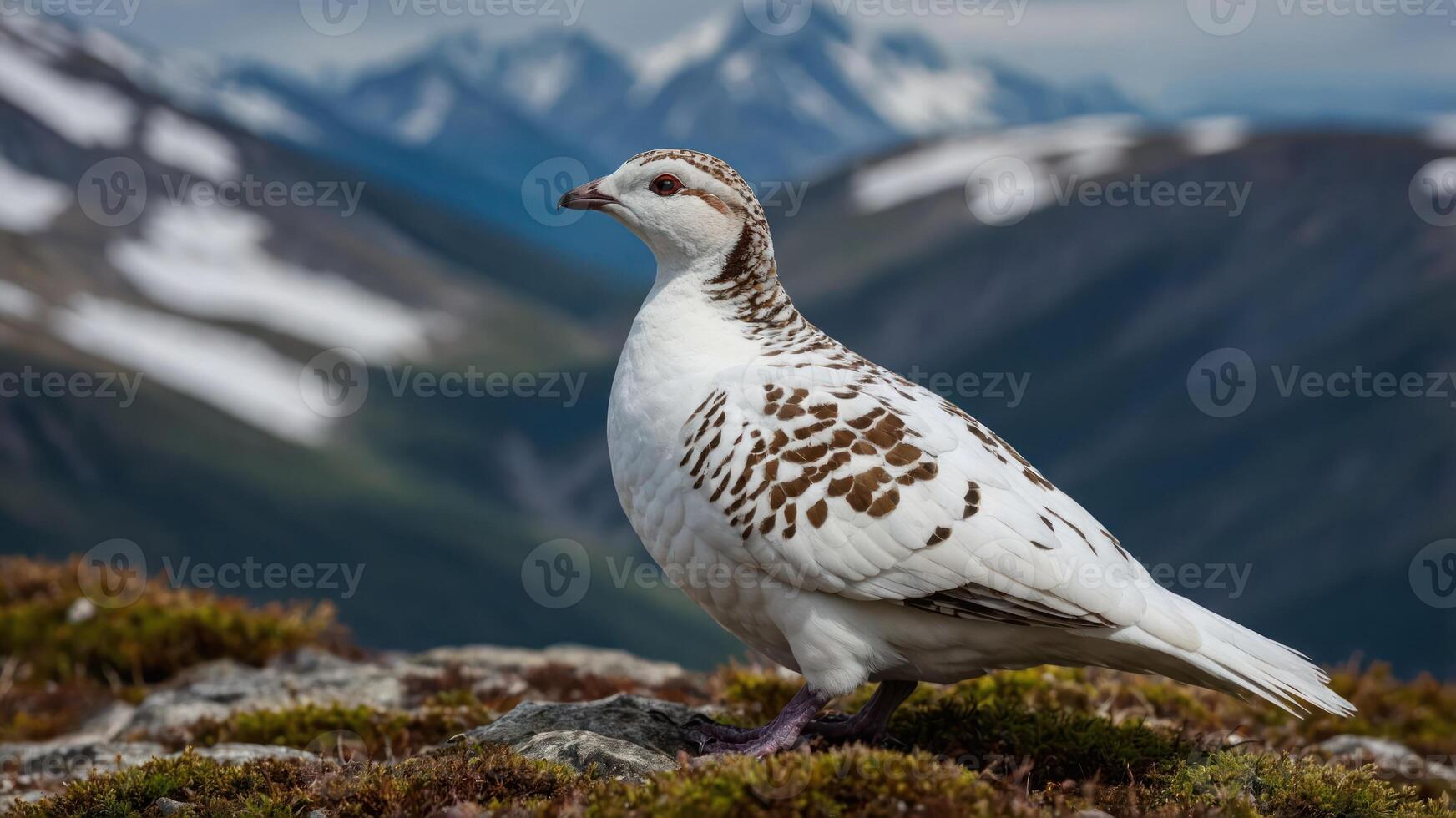 A white bird with brown spots stands on rocky terrain, mountains in the background. photo