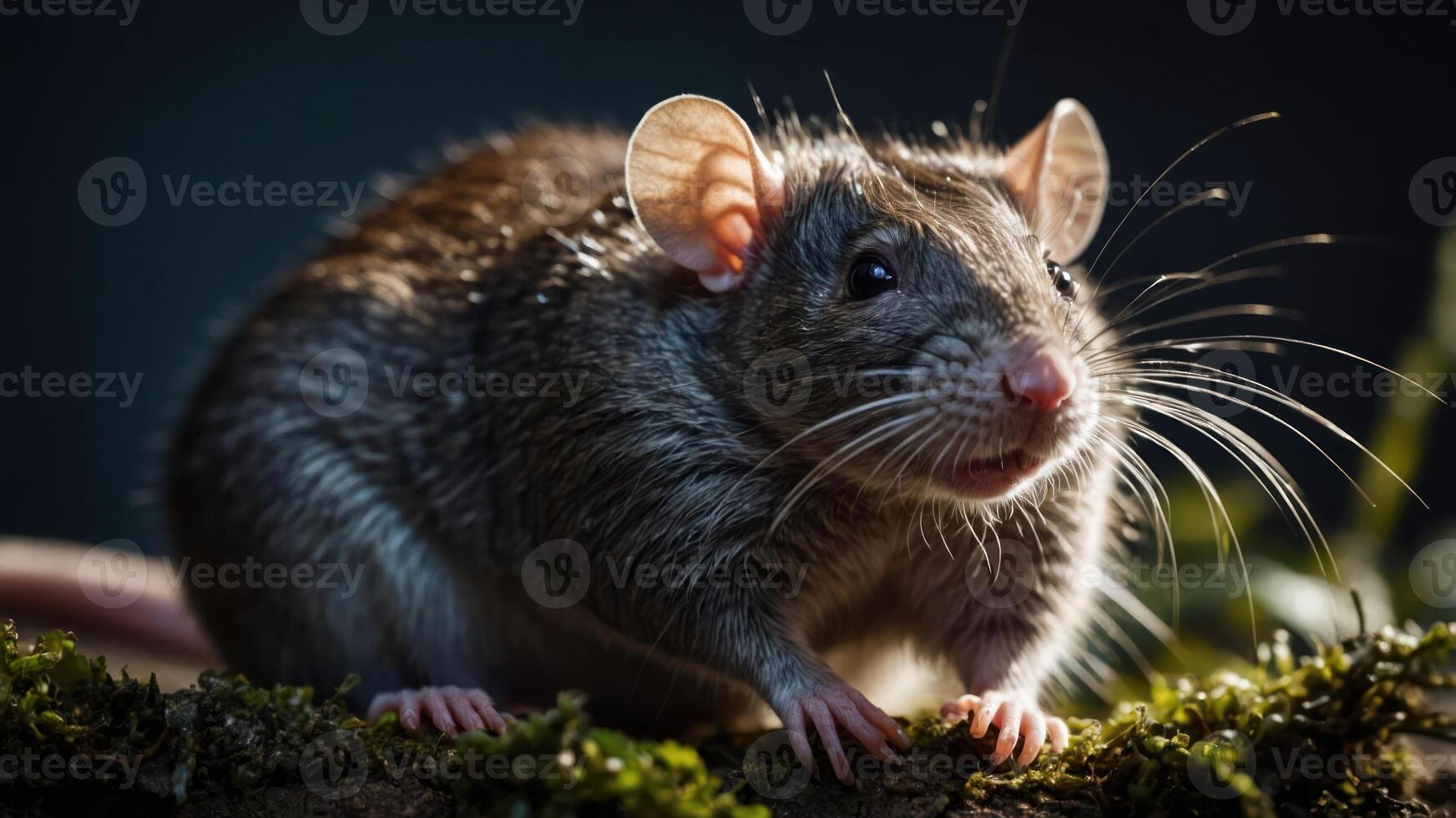 A close-up of a rat with detailed fur and expressive features in a natural setting. photo