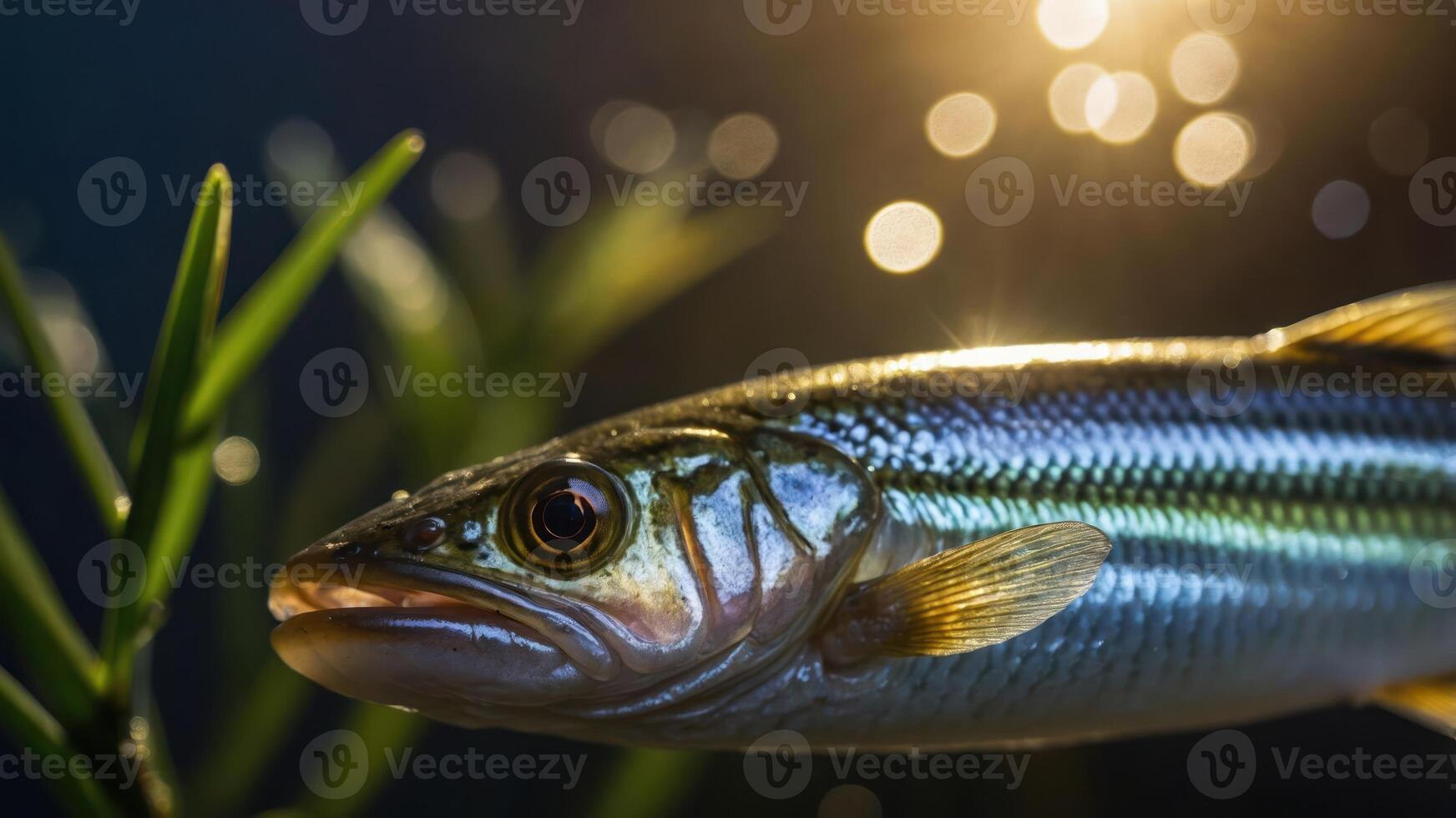 A close-up of a fish surrounded by aquatic plants and shimmering light. photo