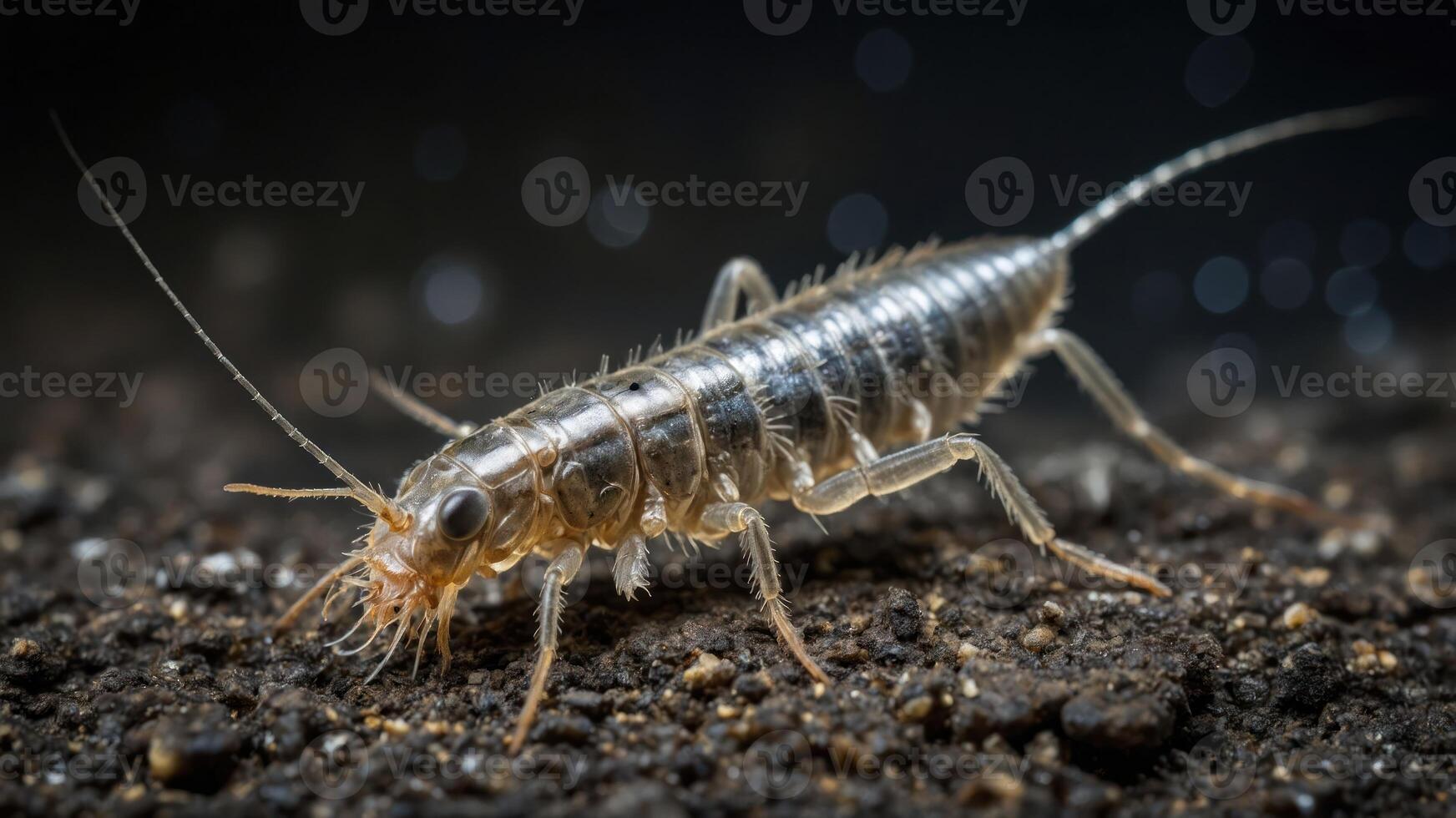 A close-up of a translucent insect crawling on dark soil. photo