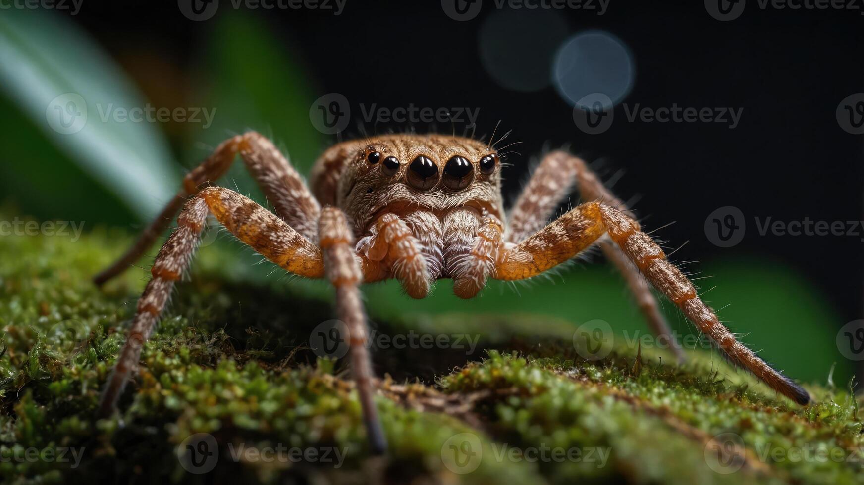 A close-up image of a spider on moss, showcasing its intricate features and natural habitat. photo