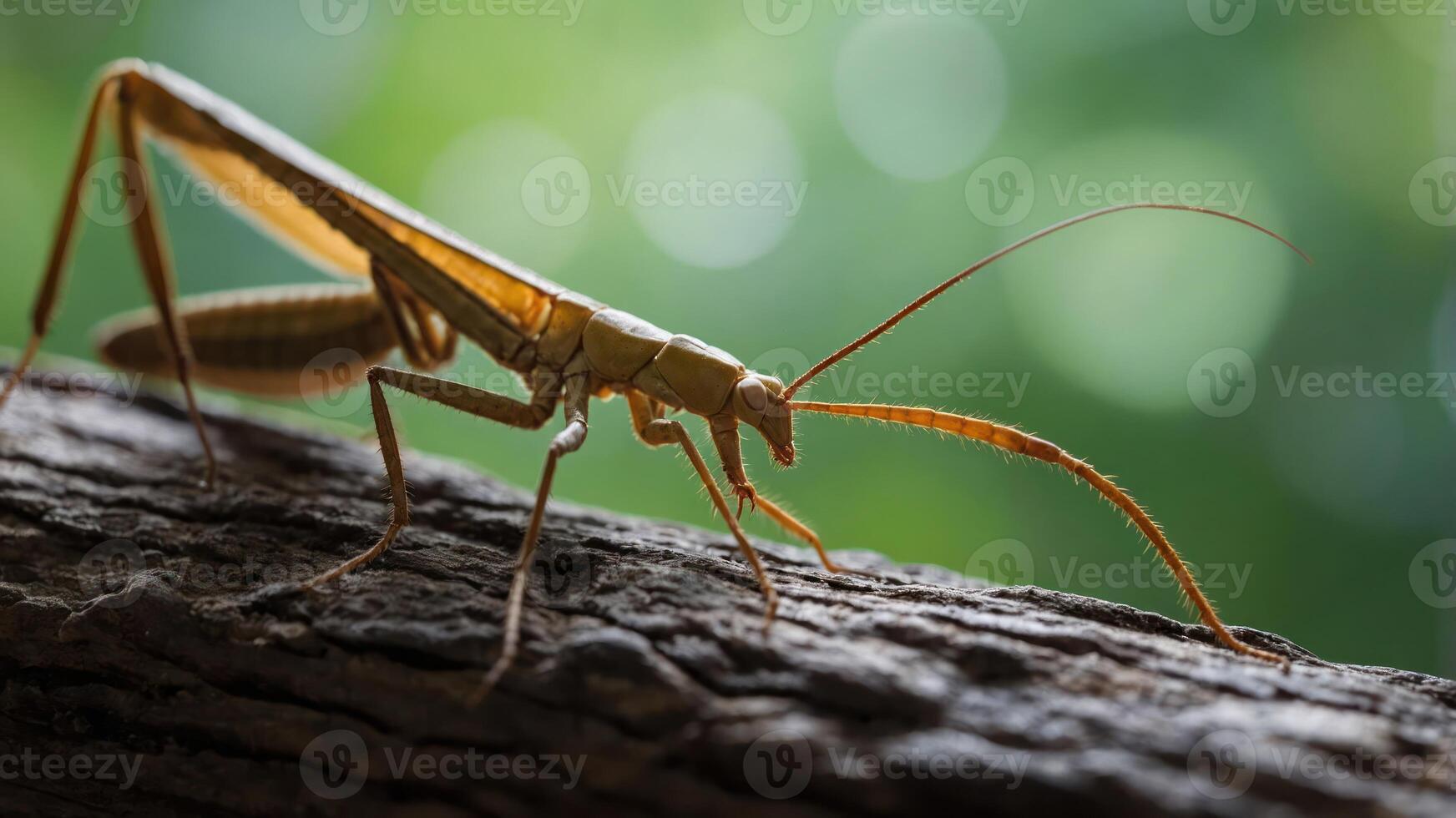A close-up of a grasshopper perched on a wooden branch with a blurred green background. photo