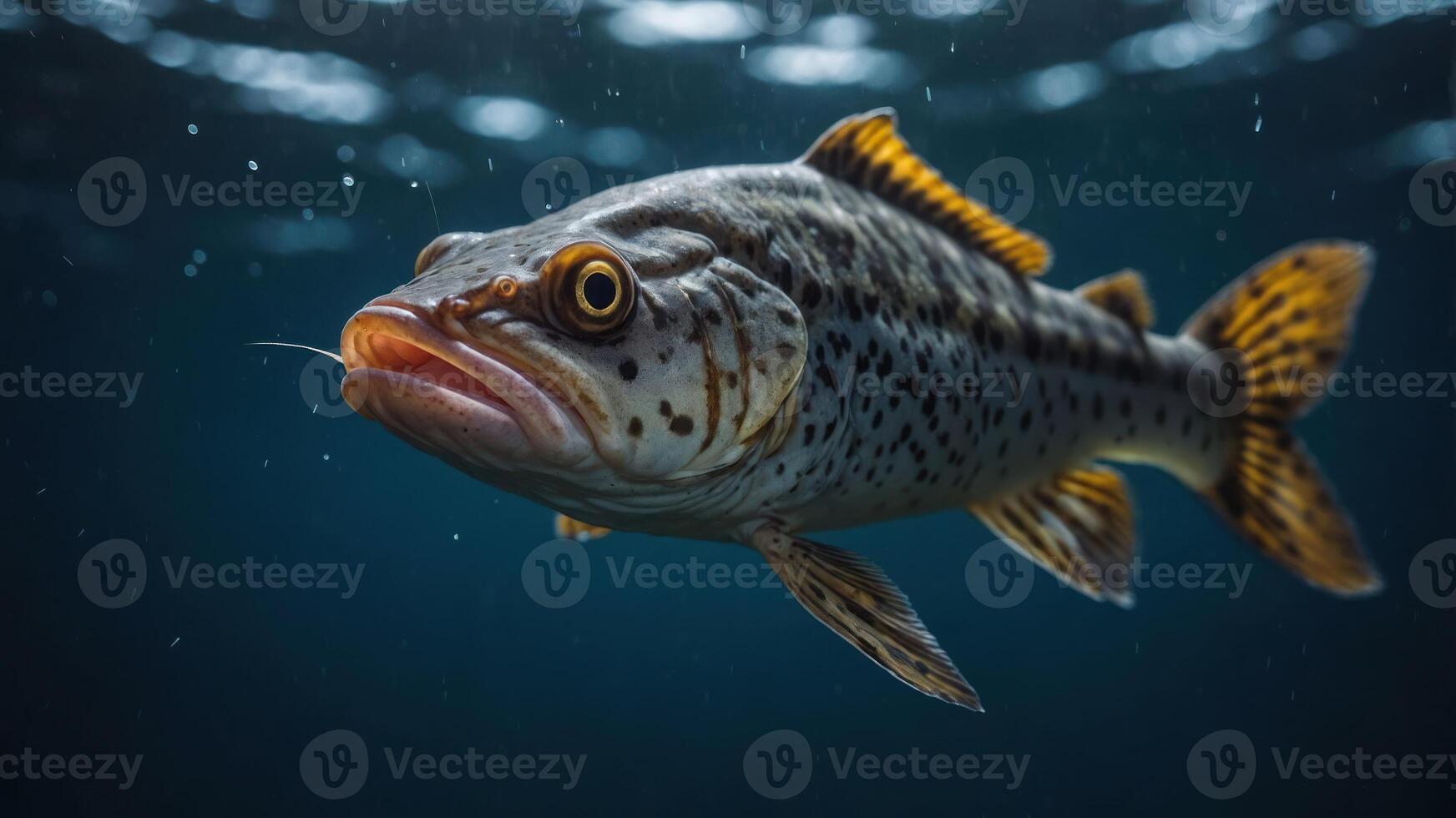 A close-up of a spotted fish swimming in a dark underwater environment. photo