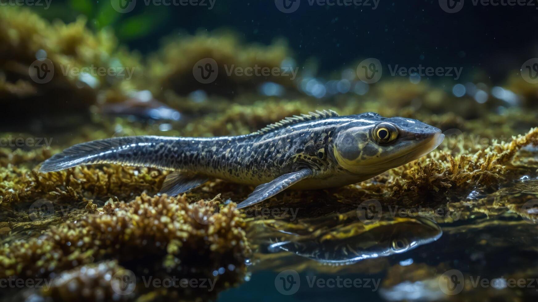 A close-up of a fish swimming among aquatic plants in a tranquil underwater environment. photo