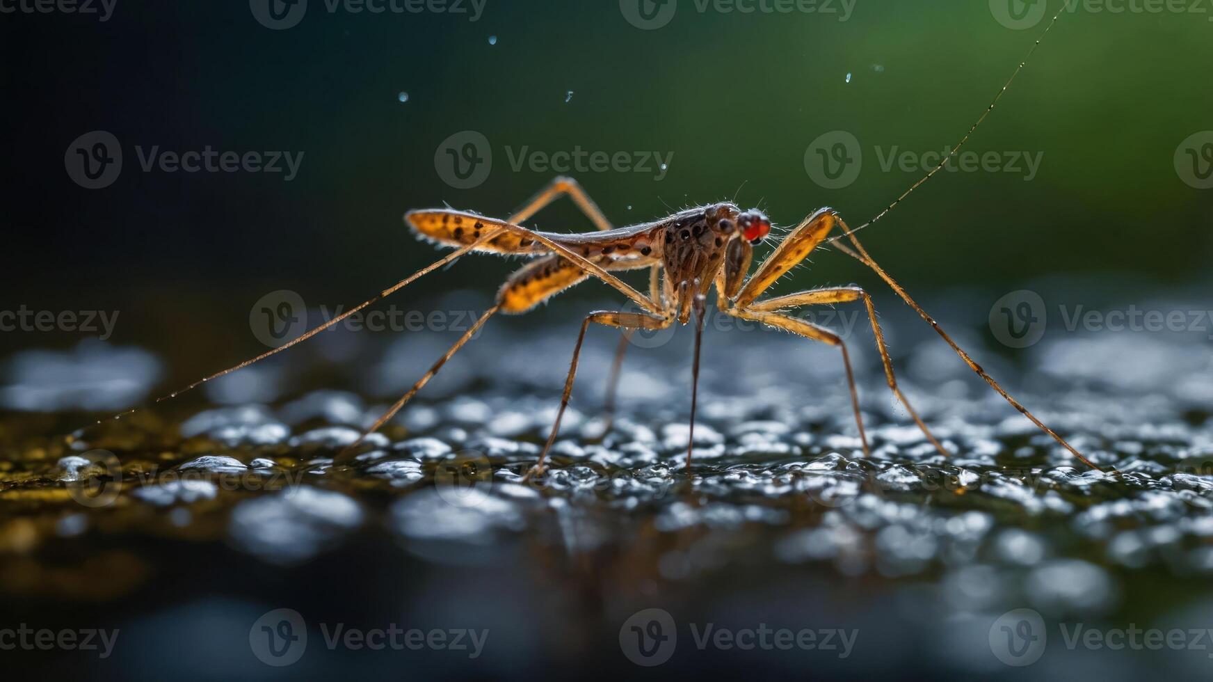 A close-up of a mosquito on a wet surface, showcasing its intricate details. photo
