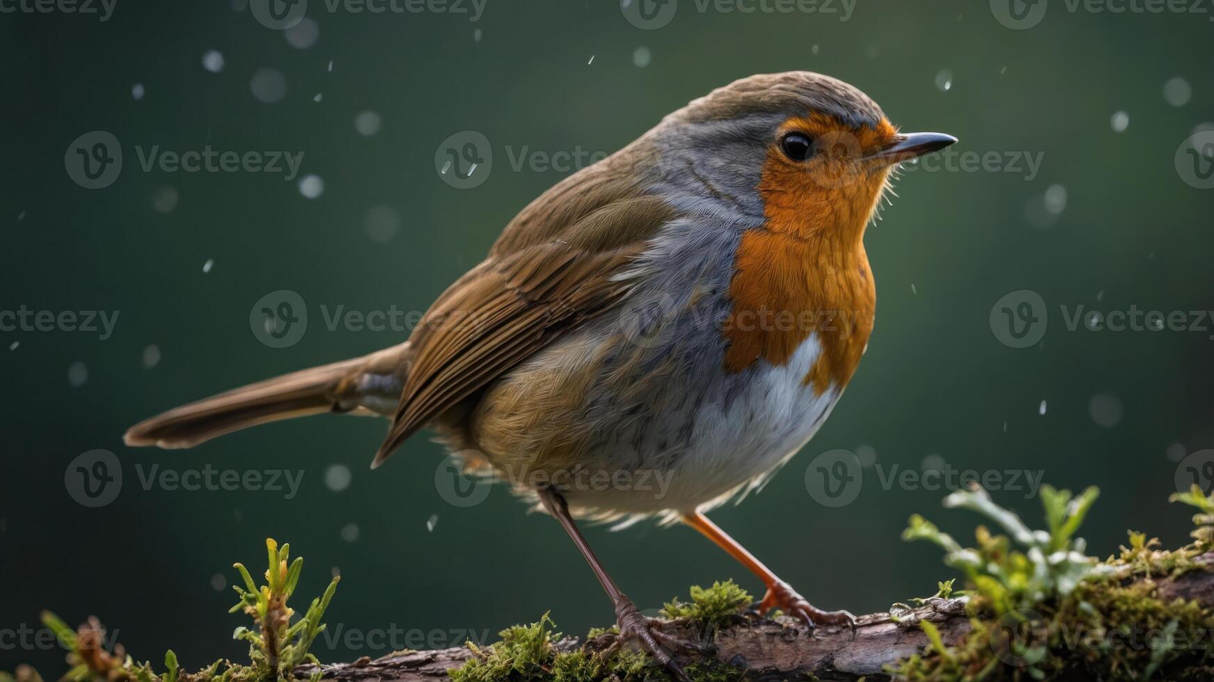 A close-up of a robin perched on a branch, surrounded by soft rain droplets. photo